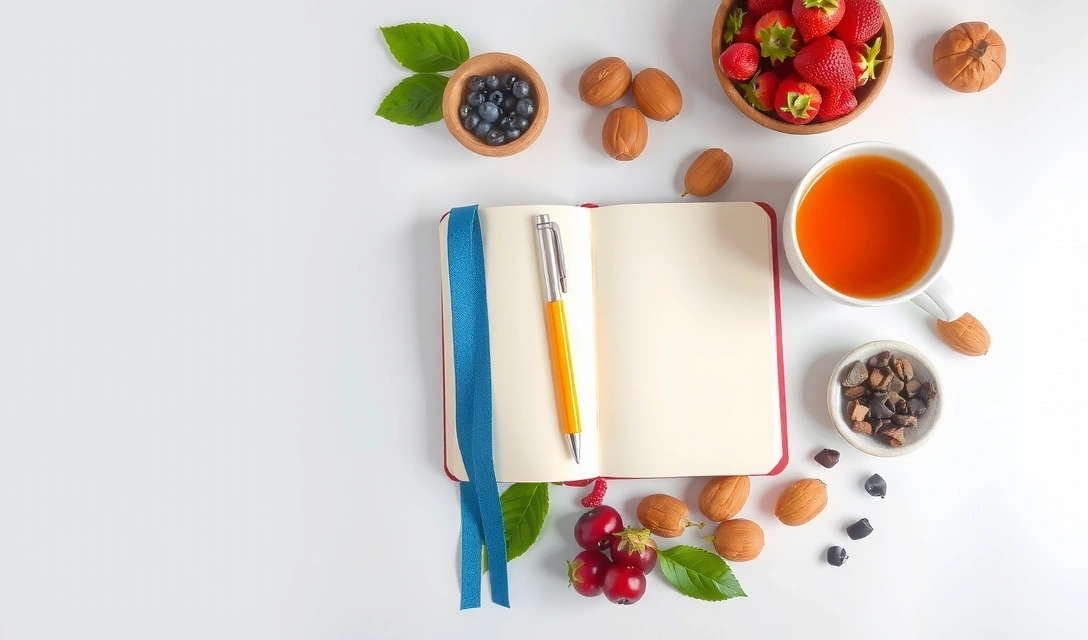 Otwarty notatnik z długopisem i zdrowymi składnikami, symbolizujący naukę i zdrowe nawyki