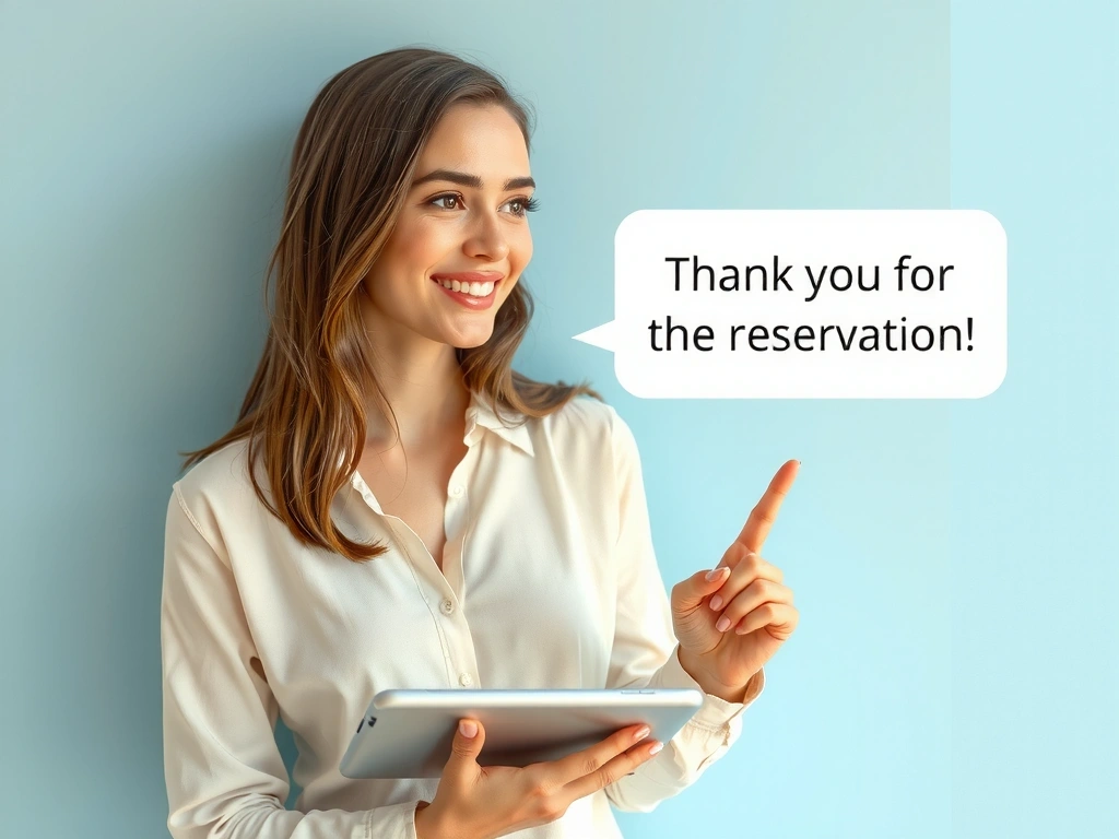 Žena s úsměvem drží tablet a ukazuje na obrazovku