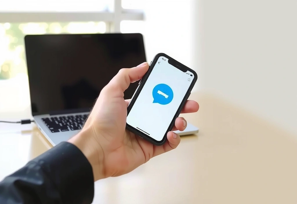 Ręka trzymająca smartfon z ikoną wiadomości obok laptopa, symbolizująca komunikację.