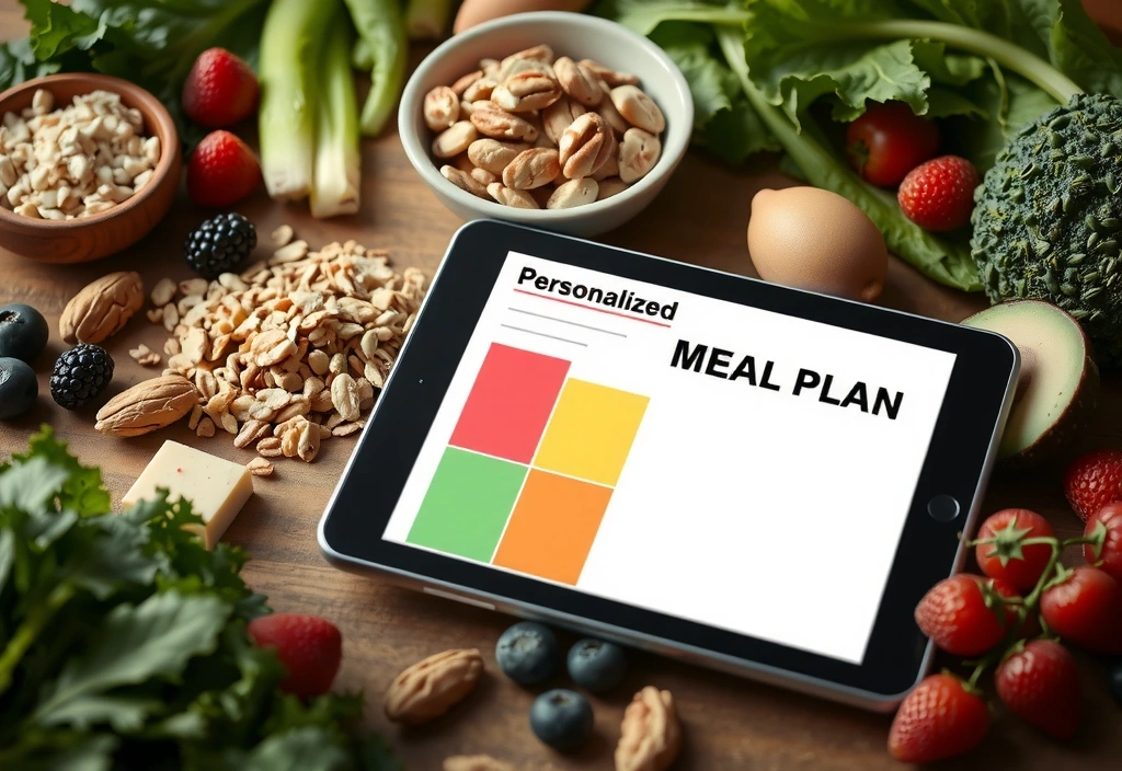 Detailní pohled na pestrý a zdravý jídelníček na tabletu, obklopený čerstvými ingrediencemi jako ovoce, zelenina a ořechy.