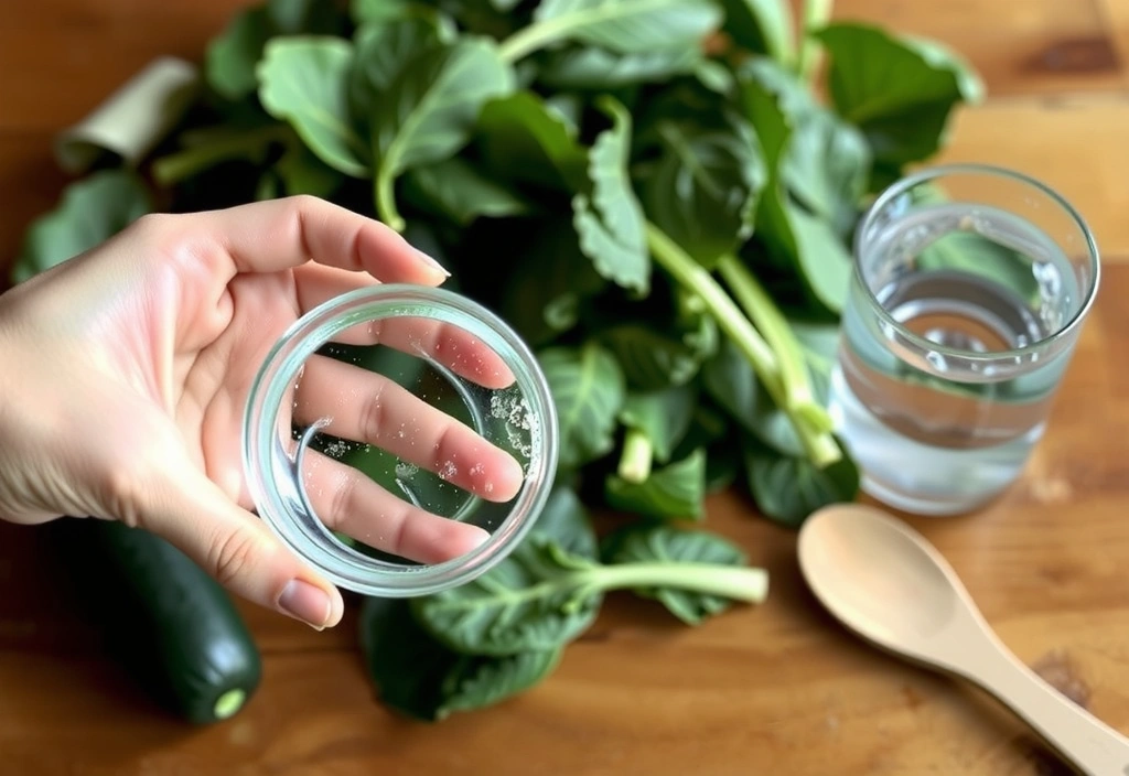 A person drinking water with a backdrop of green vegetables.