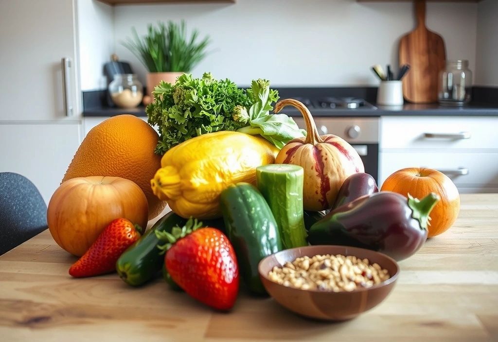 A vibrant, healthy food spread with fresh fruits, vegetables, and whole grains, in a bright, modern kitchen setting.