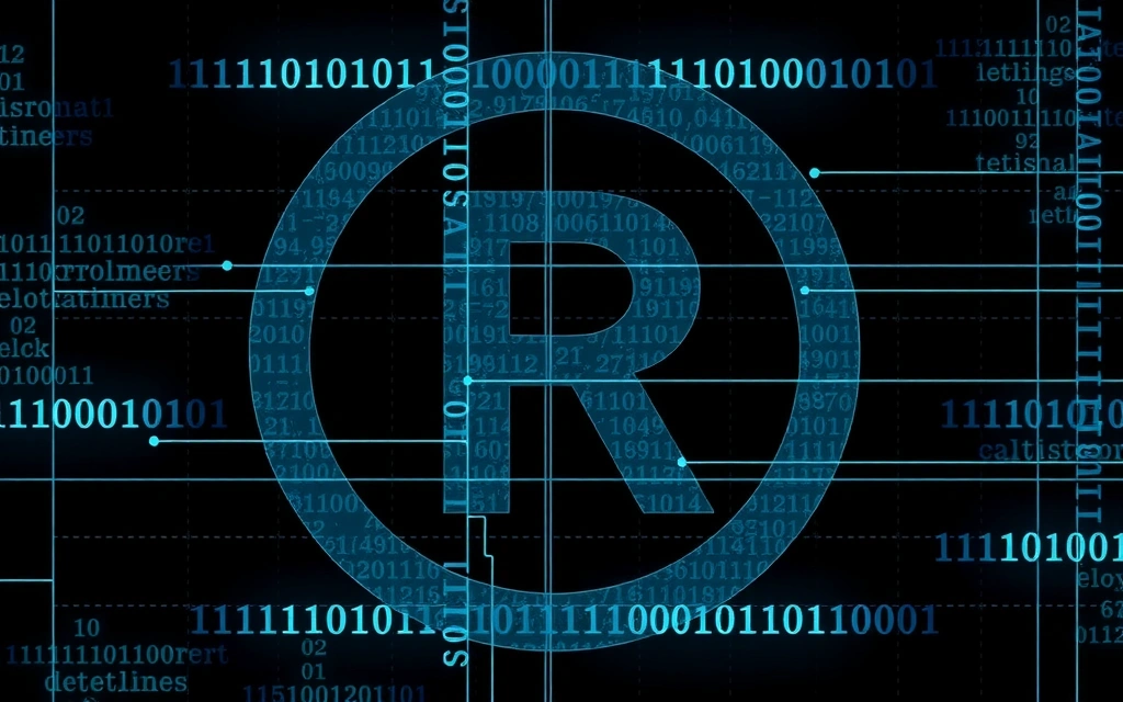 Symbol praw autorskich na tle kodu binarnego