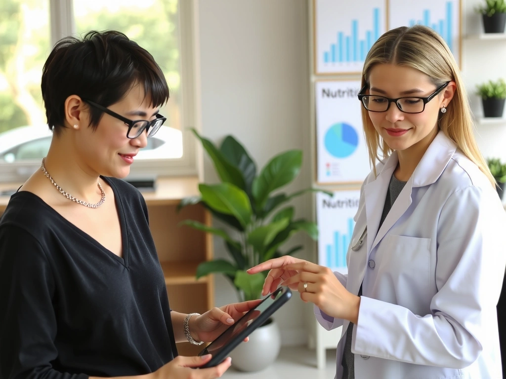Nutriční poradce vysvětluje koncepty zdravé výživy klientovi s interaktivními grafy a tabulkami.